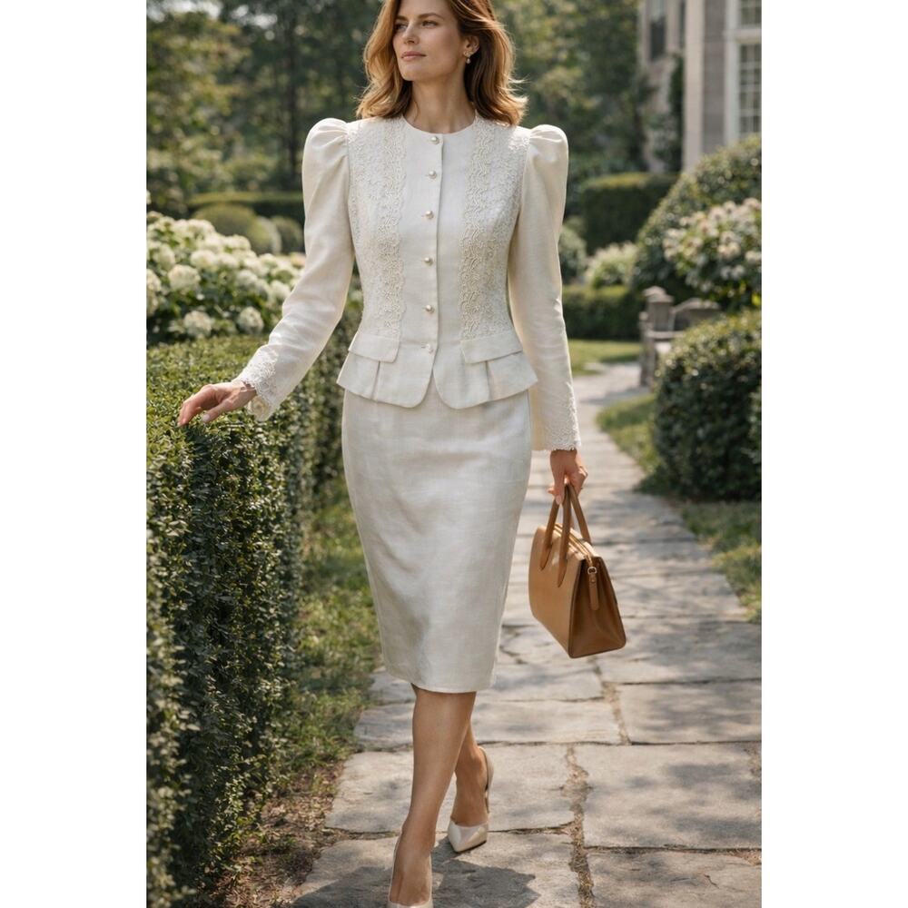 90’s Jessica McClintock White Linen Lace Skirt Suit 12 wedding bridal courthouse